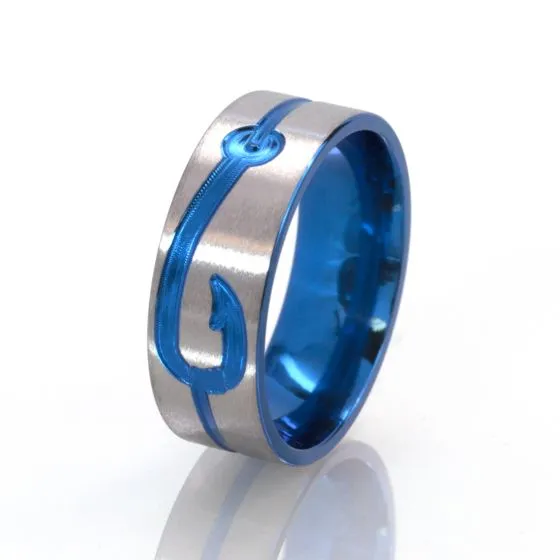 10 mm Blue Anodized Ring, Aerospace Grade Titanium, Fish Hook Ring