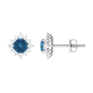 1.25 CT Classic London Blue Topaz Stud Earrings with Diamond Halo