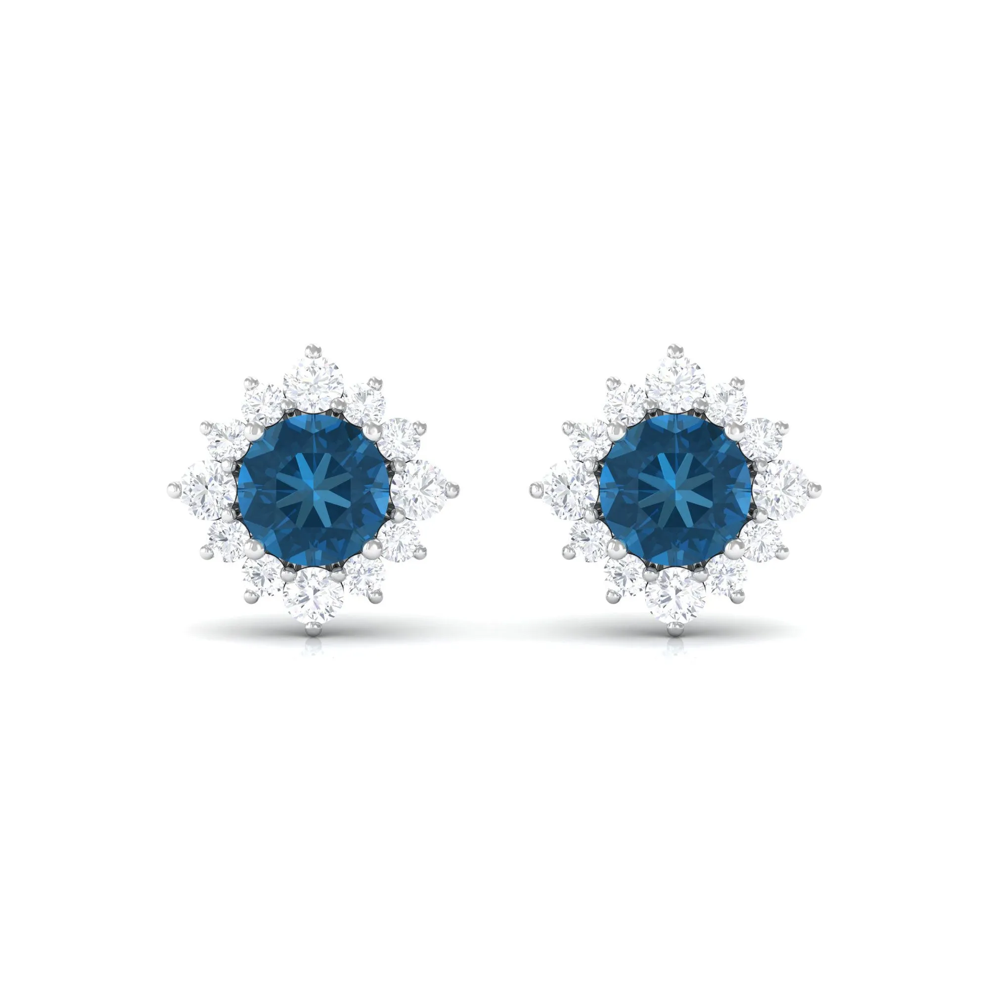 1.25 CT Classic London Blue Topaz Stud Earrings with Diamond Halo