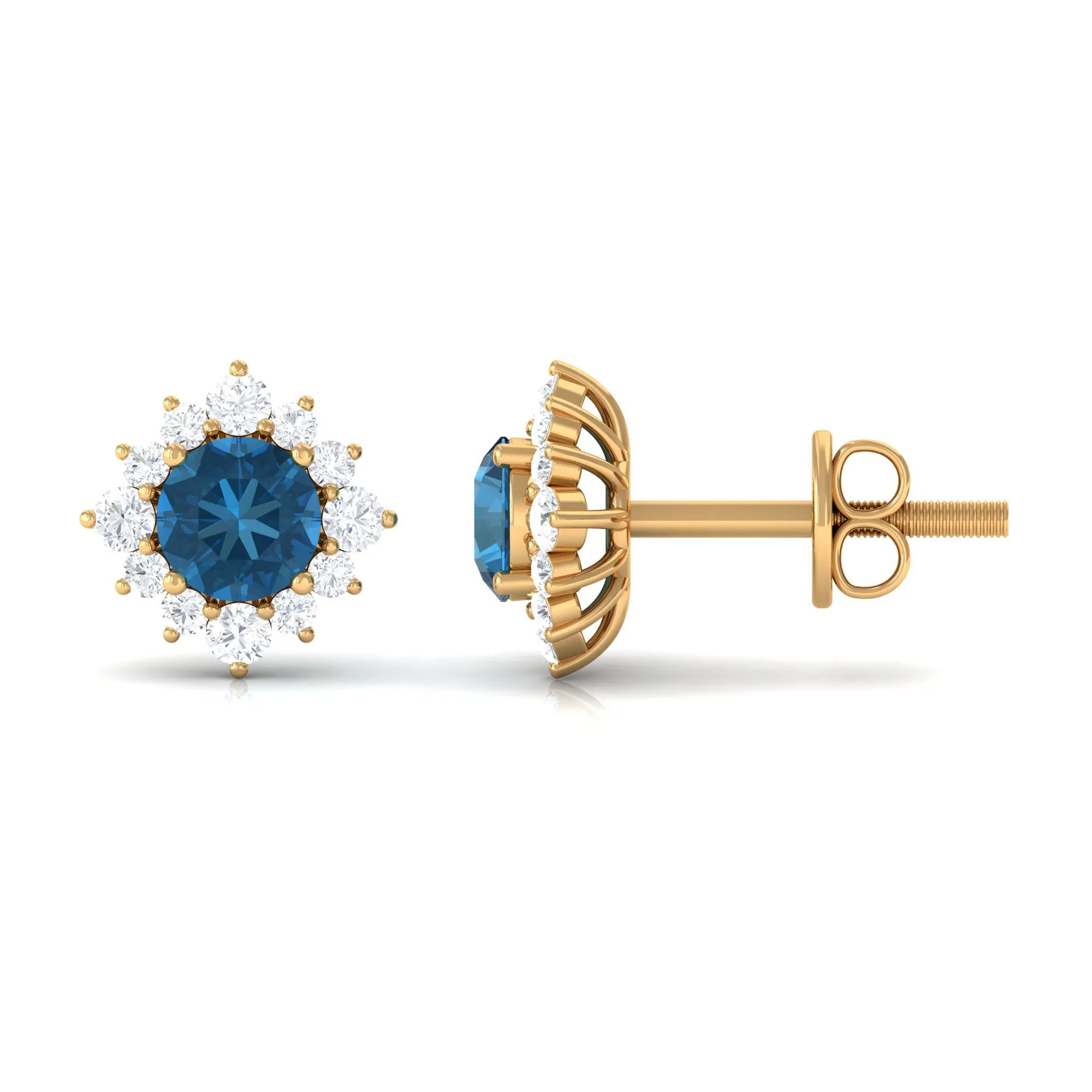 1.25 CT Classic London Blue Topaz Stud Earrings with Diamond Halo