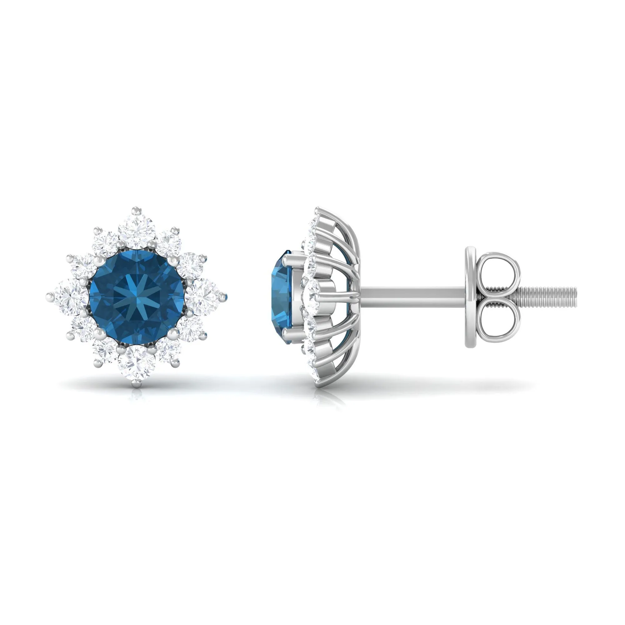 1.25 CT Classic London Blue Topaz Stud Earrings with Diamond Halo