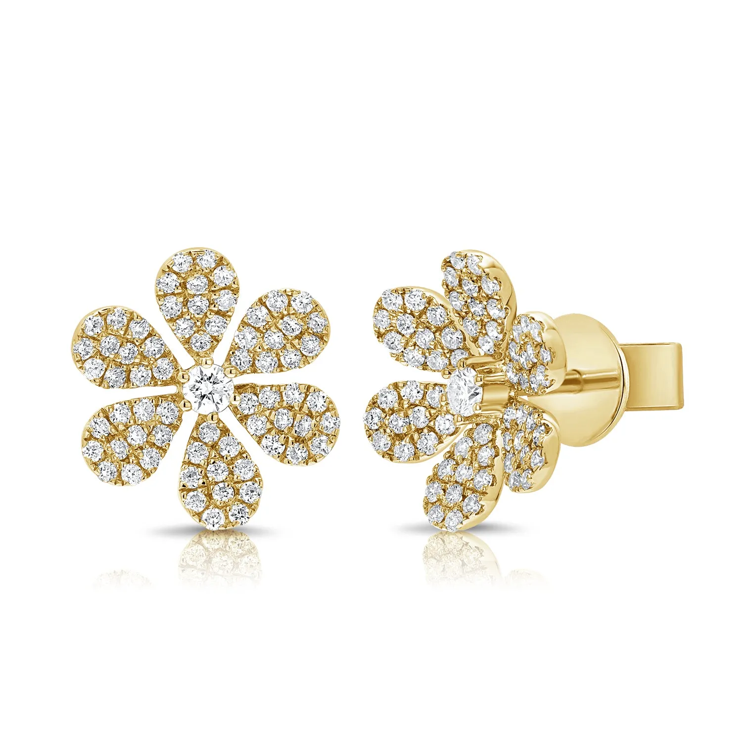 14K Gold & Diamond Flower Stud Earrings - 1.35ct