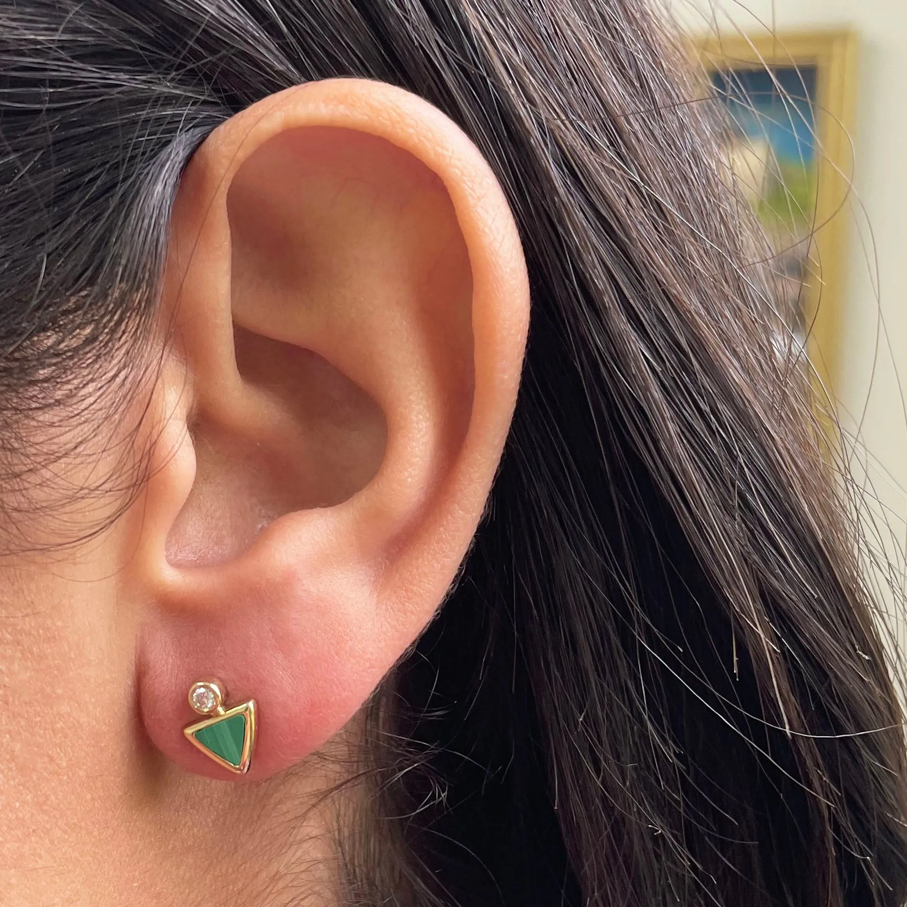 14k Gold Malachite & Diamond Triangle Stud Earrings