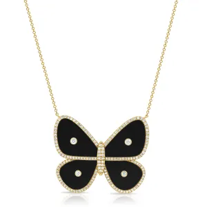 14K Gold Onyx & Diamond Butterfly Necklace