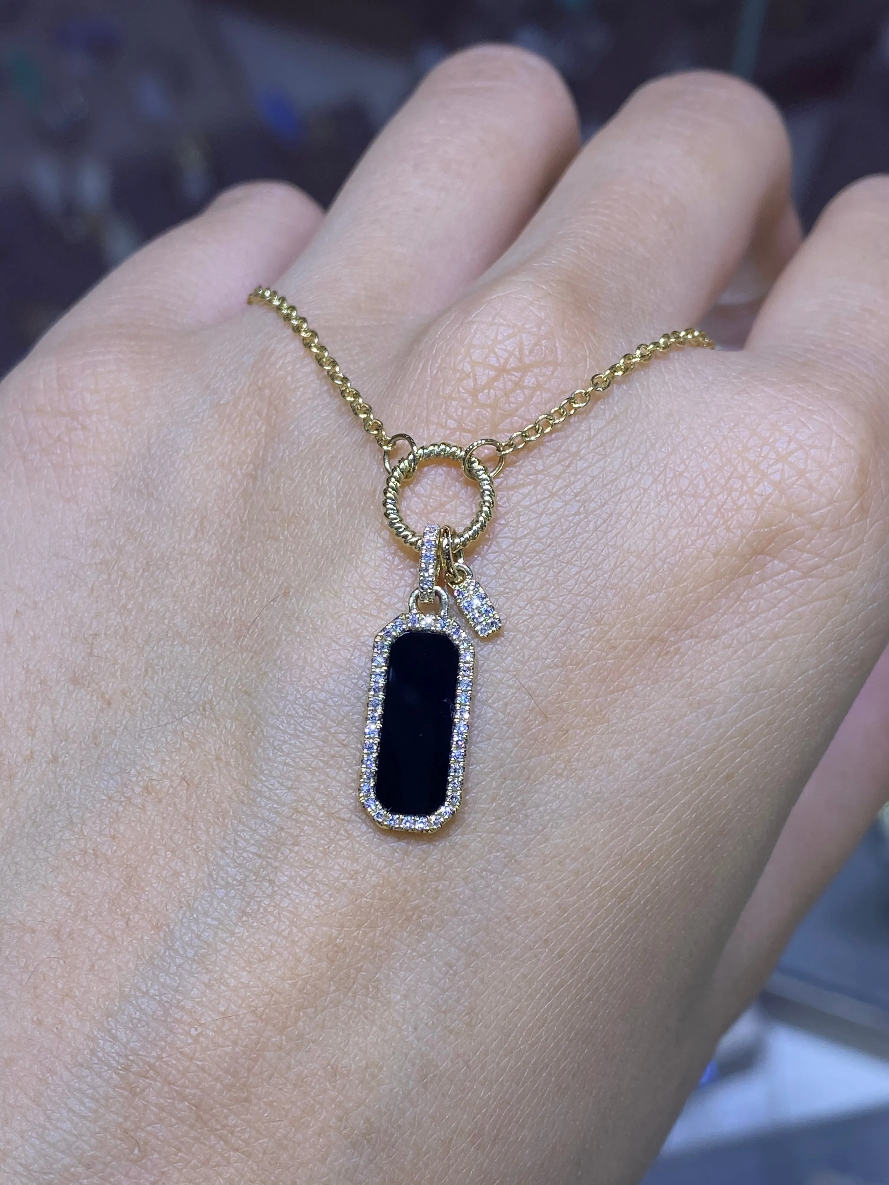 14K Gold Onyx Diamond Dog Tag Necklace