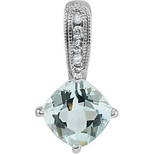 14k White Gold 6x6mm Cushion Aquamarine & Diamond Pendant