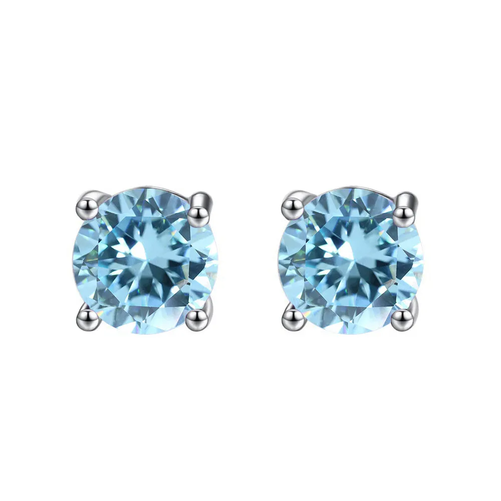 14k White Gold Plated  4 Carat Round Created Blue Topaz Sapphire Stud Earrings