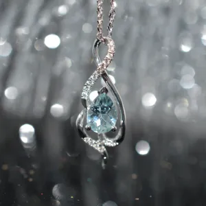 14K White Gold Teardrop Aquamarine And Diamond Pendant With Chain