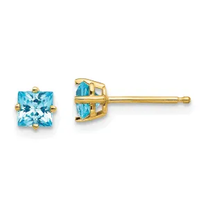 14k Yellow Gold 4MM Princess Cut Blue Topaz Earrin