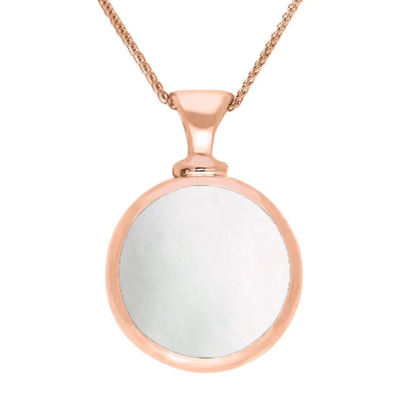 18ct Rose Gold Whitby Jet Mother Of Pearl Double Sided Round Dinky Fob Necklace