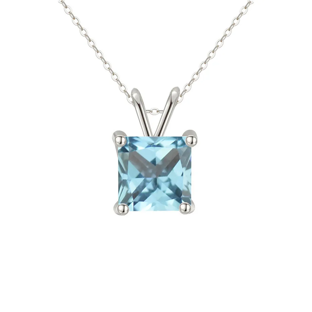 18K White Gold 1/2 Carat Created Aquamarine Princess Stud Necklace Plated 18 inch