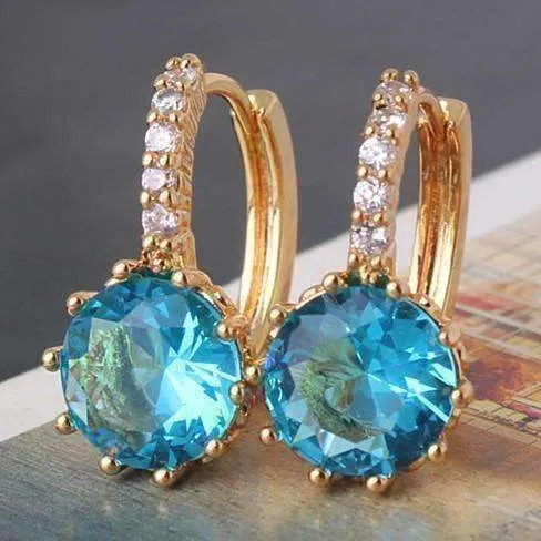 18K Yellow Gold Plated Blue Topaz CZ Solitaire Gold Plated Hoops For Woman