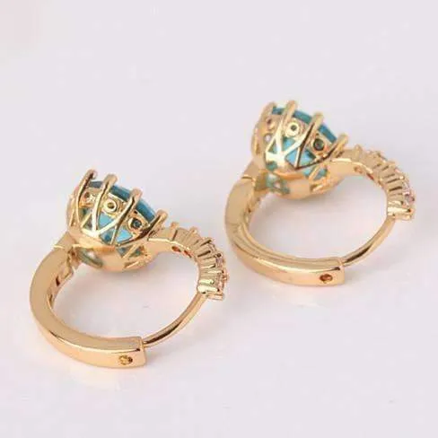 18K Yellow Gold Plated Blue Topaz CZ Solitaire Gold Plated Hoops For Woman