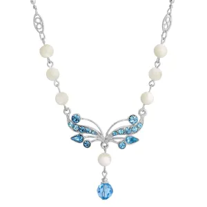 1928 Jewelry Aquamarine Crystal Mother Of Pearl Drop Necklace 16"   3" Extender