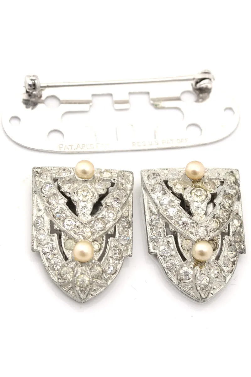 1930s Vintage Paste Rhinestone Pearl Duette Style Brooch Dress Clips