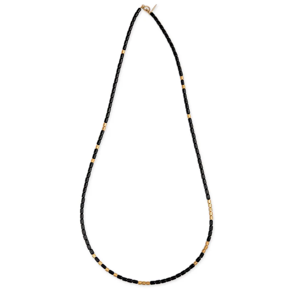 24 GOLD BEADS   ONYX TUBE BEADED NECKLACE