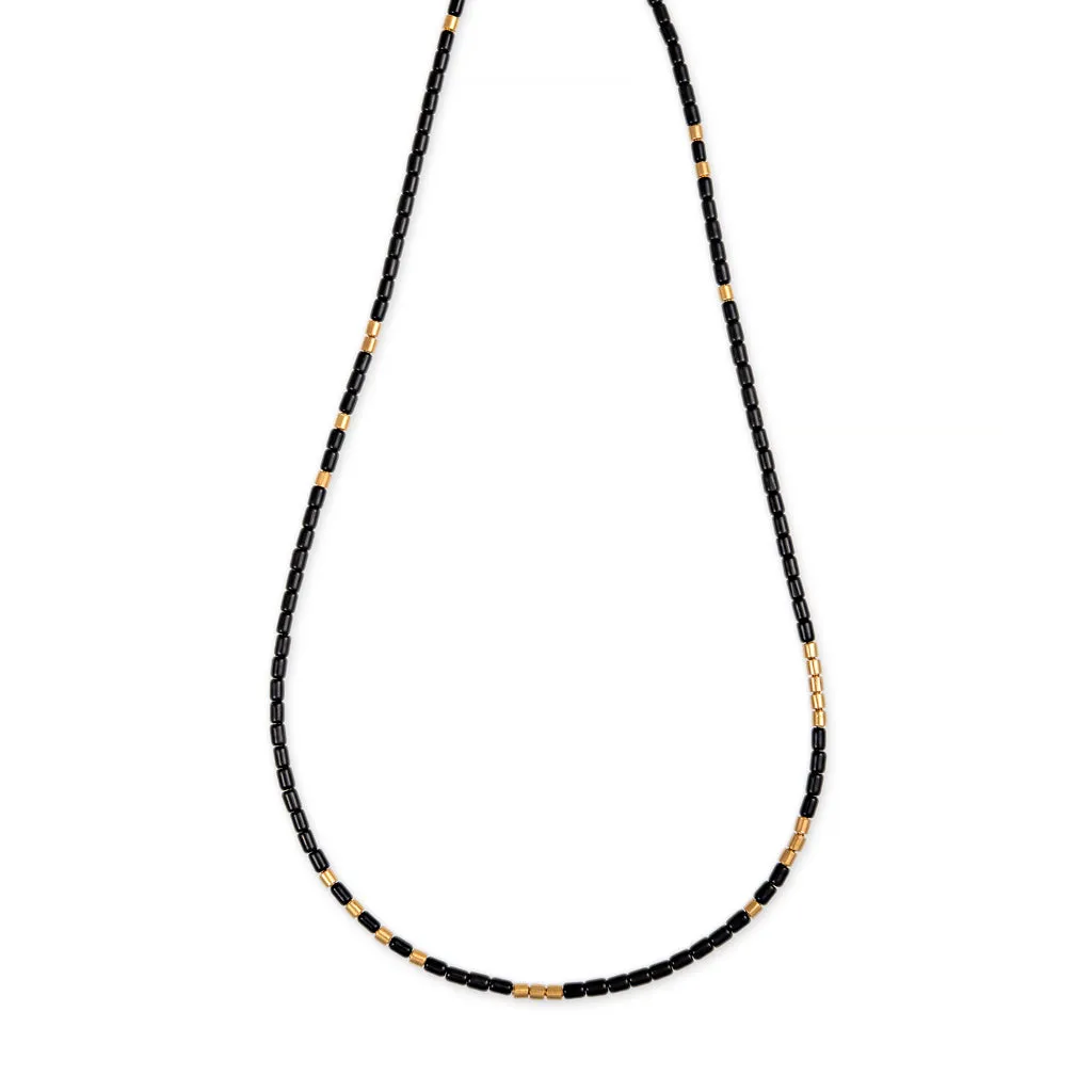 24 GOLD BEADS   ONYX TUBE BEADED NECKLACE