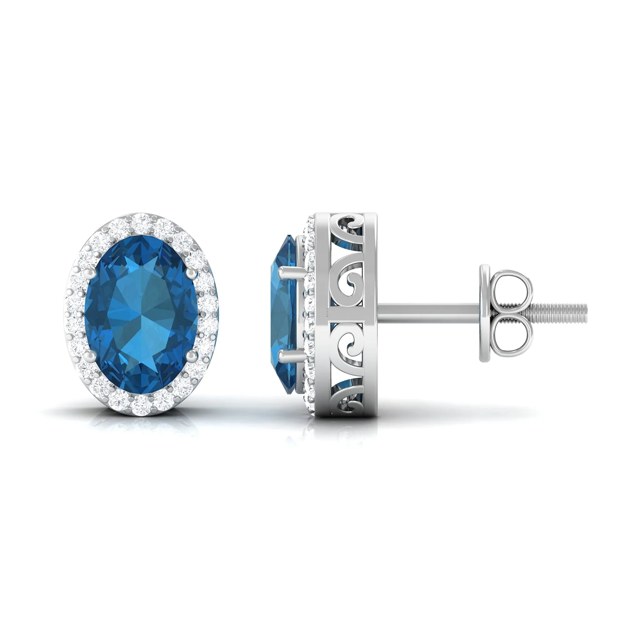 2.50 CT London Blue Topaz and Diamond Halo Stud Earrings