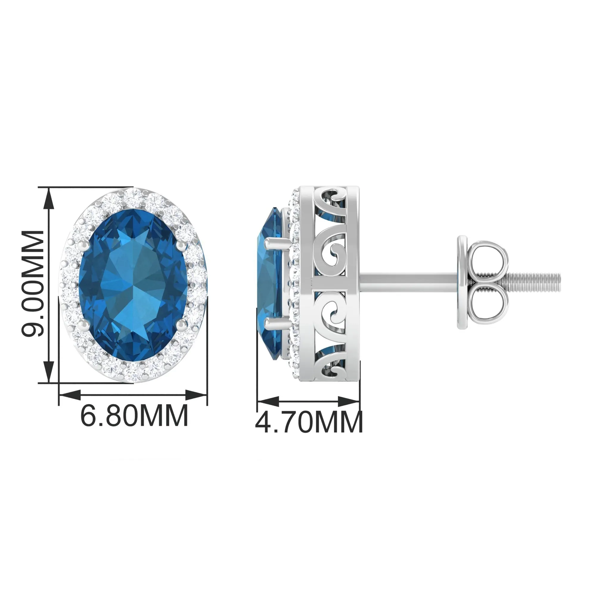 2.50 CT London Blue Topaz and Diamond Halo Stud Earrings