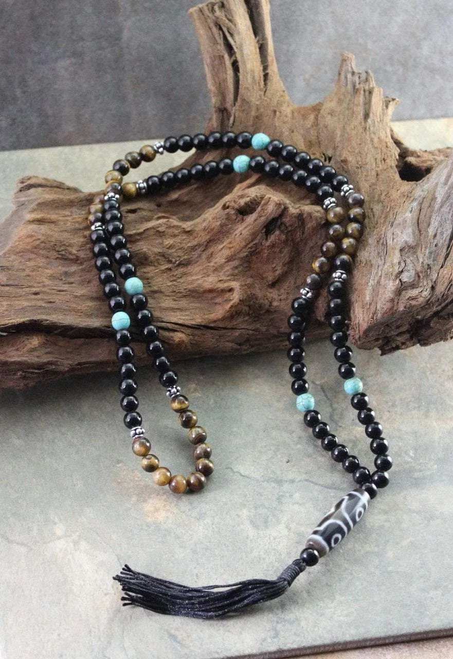 3 Eye Dzi Beads Necklace with Tiger Eye and Turquoise