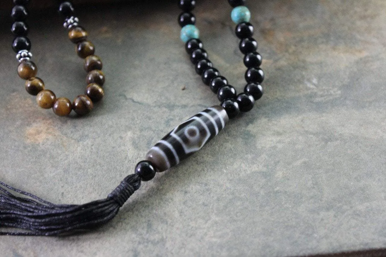 3 Eye Dzi Beads Necklace with Tiger Eye and Turquoise