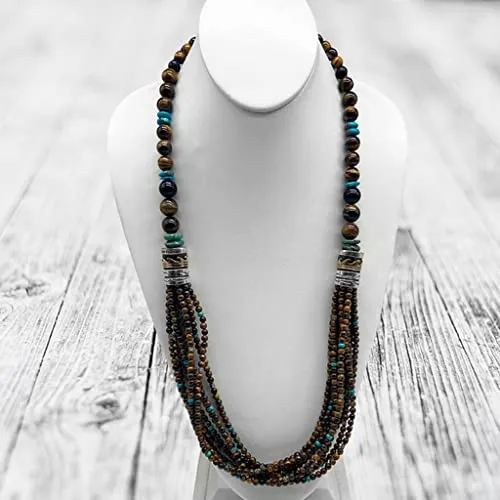 30 inch, Tiger's Eye Statement Necklace, Authentic Navajo Native American USA Handmade in New Mexico, Sterling Silver