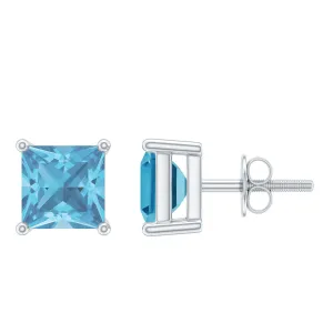 4 MM Princess Cut Swiss Blue Topaz Solitaire Stud Earrings in 4 Prong Setting