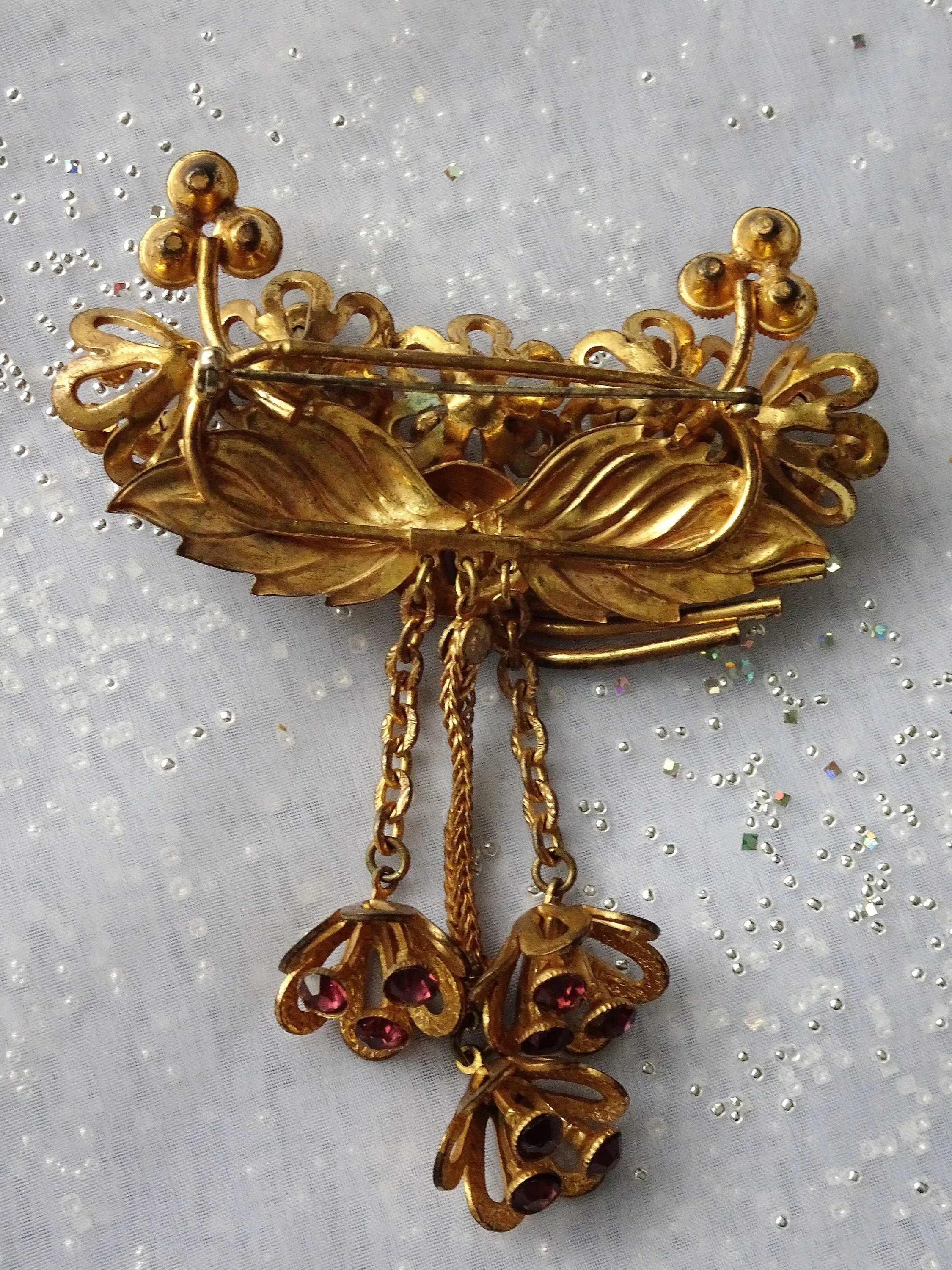 AMAZING 1940s Huge Brooch, JOSEFF of Hollywood Style,Brooch with Drops, Purple Glass Stones,Unique Brooch, Collectible Vintage Jewelry