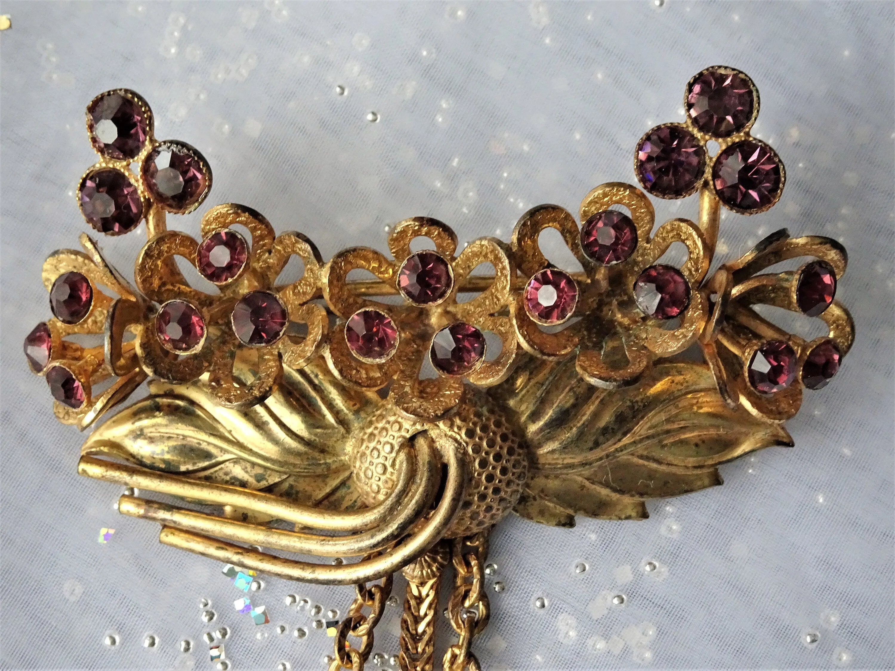 AMAZING 1940s Huge Brooch, JOSEFF of Hollywood Style,Brooch with Drops, Purple Glass Stones,Unique Brooch, Collectible Vintage Jewelry