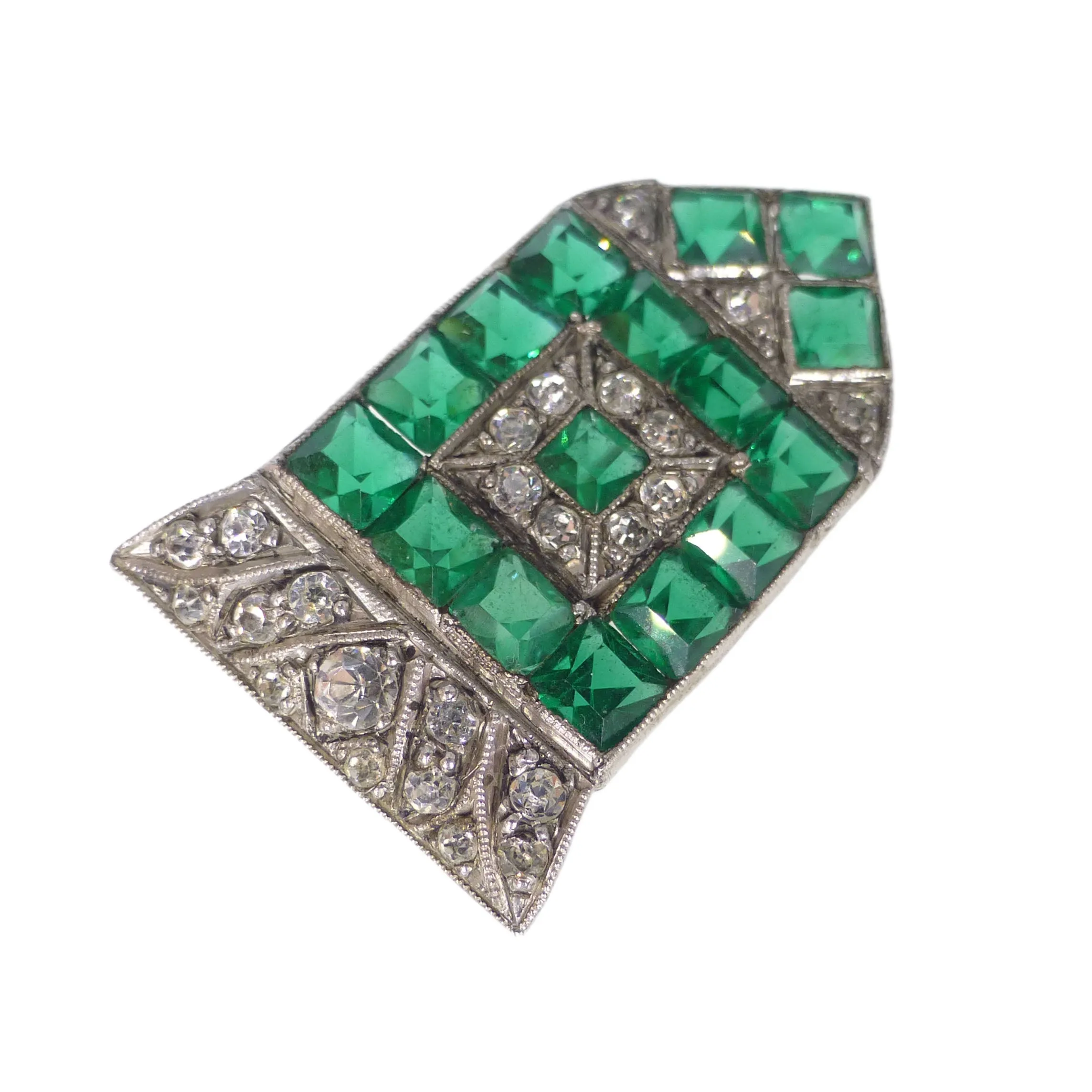 Antique Art Deco Green Glass Geometric Brooch