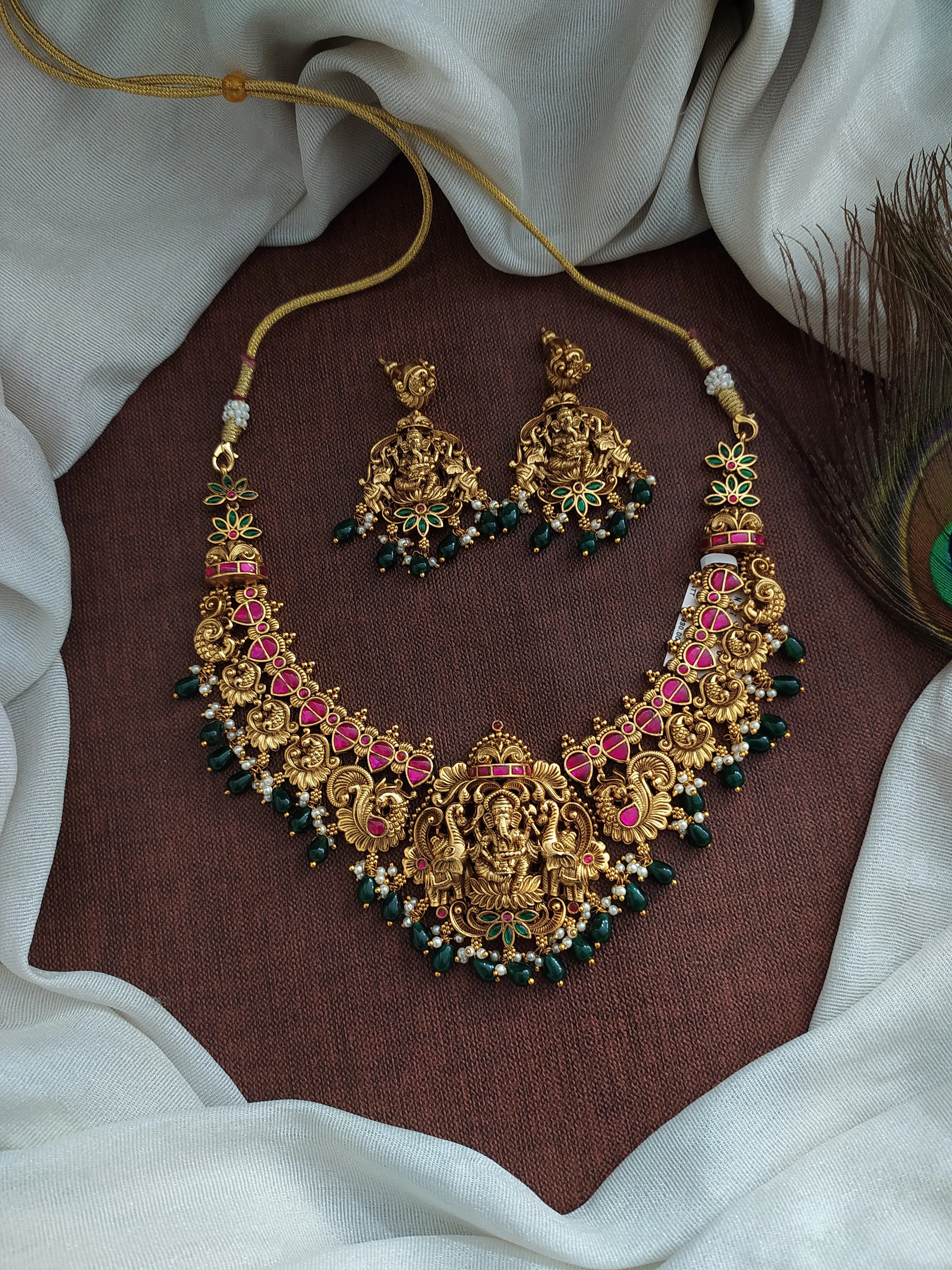 Antique Necklace Set with Lord Ganesha and Peacock Motifs