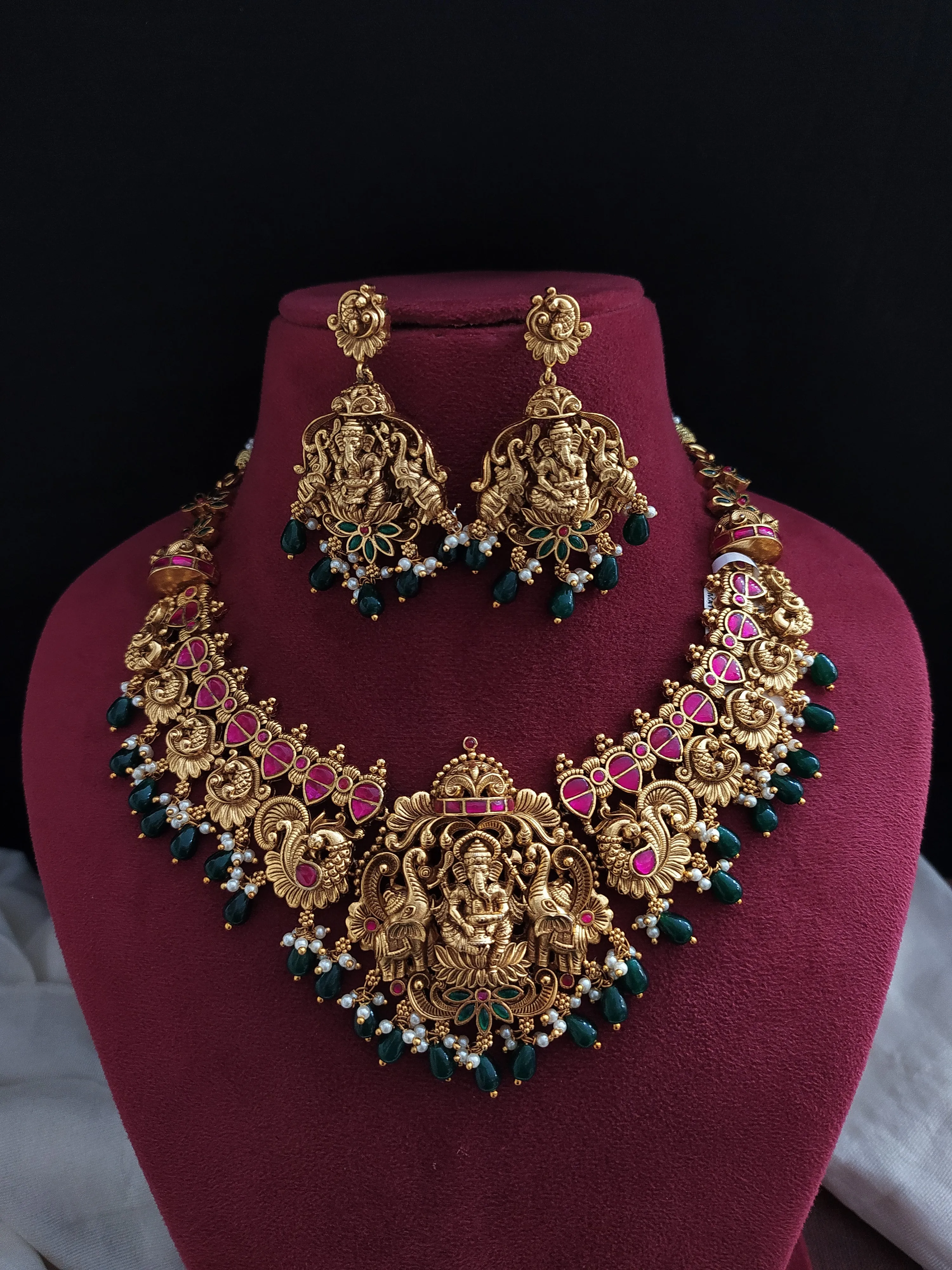 Antique Necklace Set with Lord Ganesha and Peacock Motifs