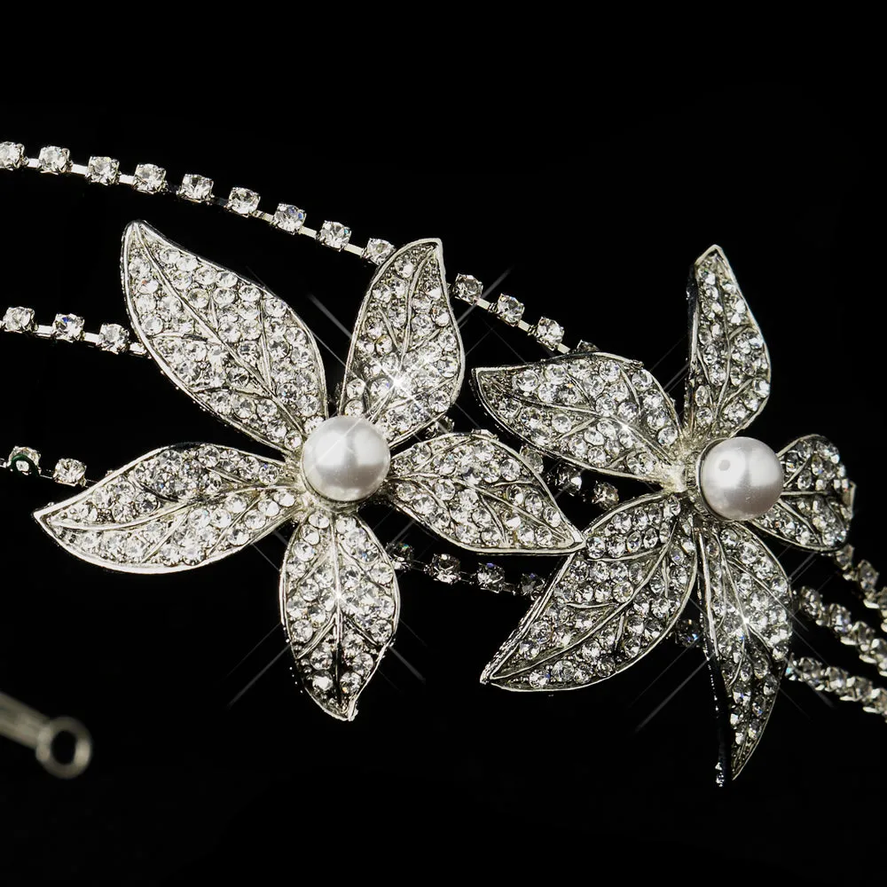 Antique Silver Plated Pearl & Crystal Starflower Side Accented Headband