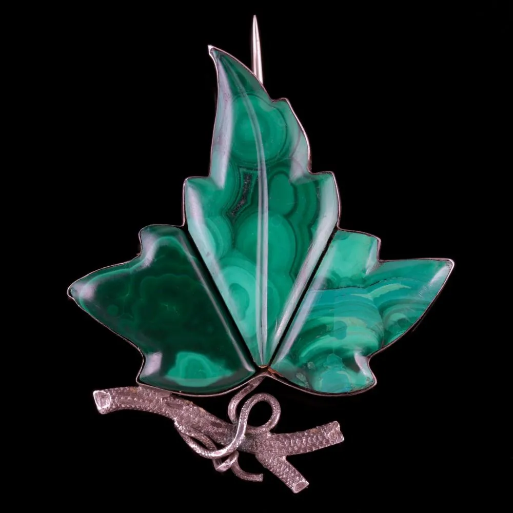 Antique Victorian Leaf Brooch Silver Malachite Vine Leaf Circa 1870