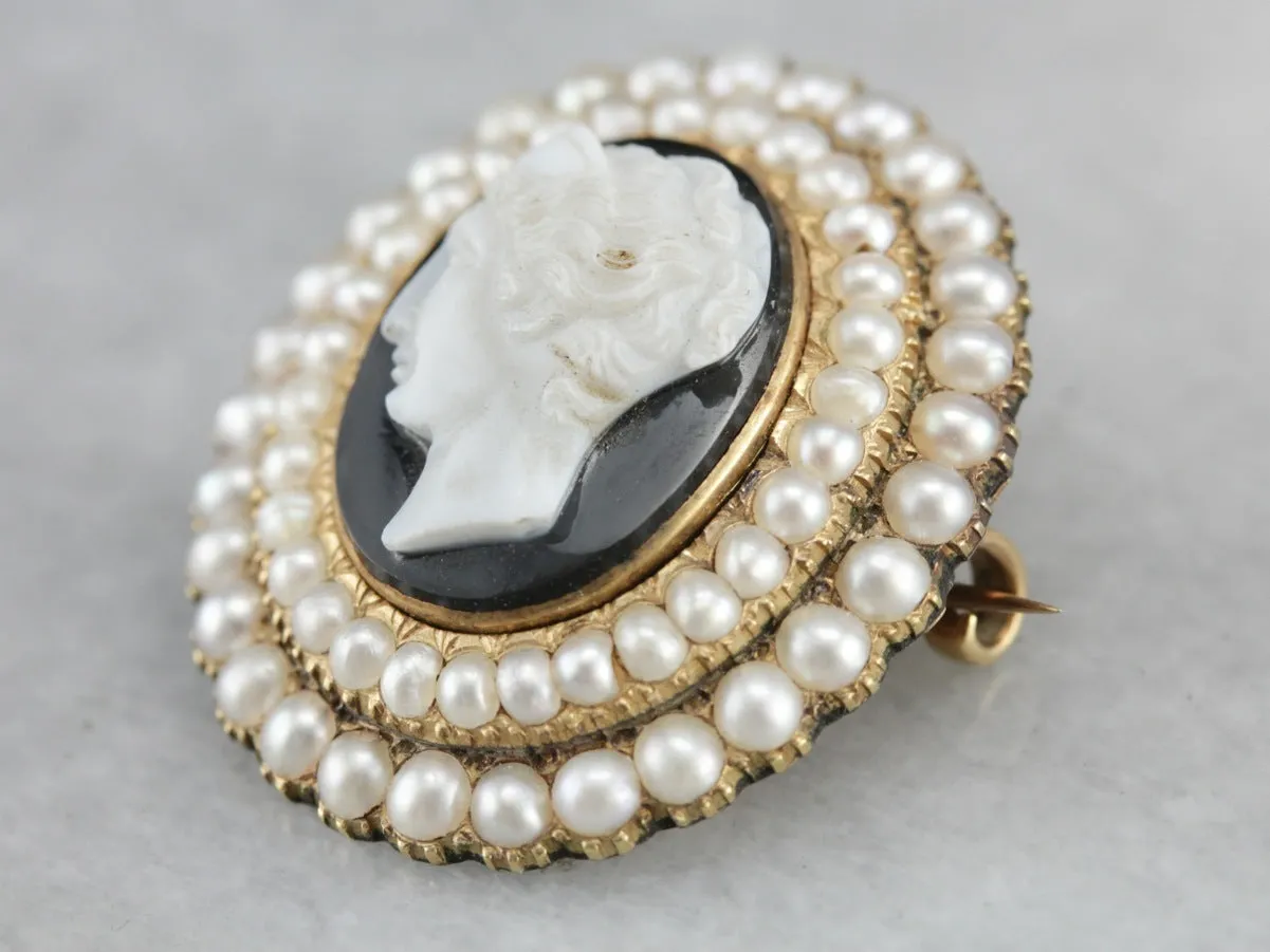 Antique Victorian Onyx Cameo Seed Pearl Brooch