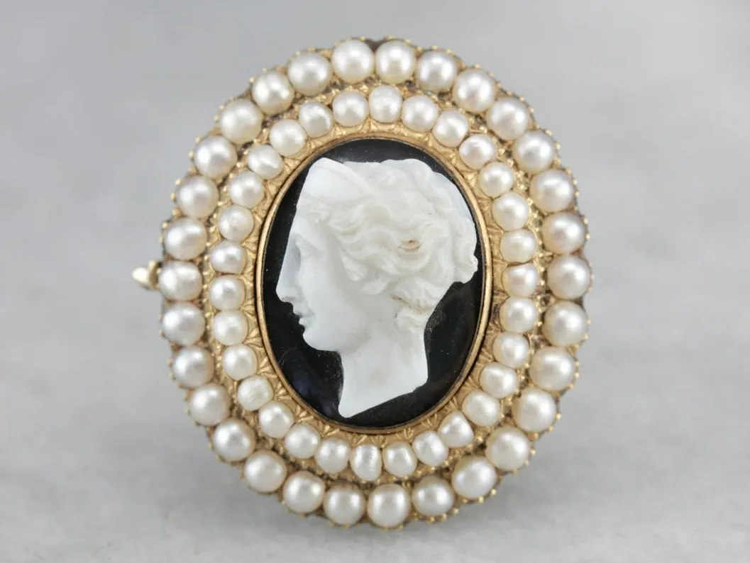 Antique Victorian Onyx Cameo Seed Pearl Brooch