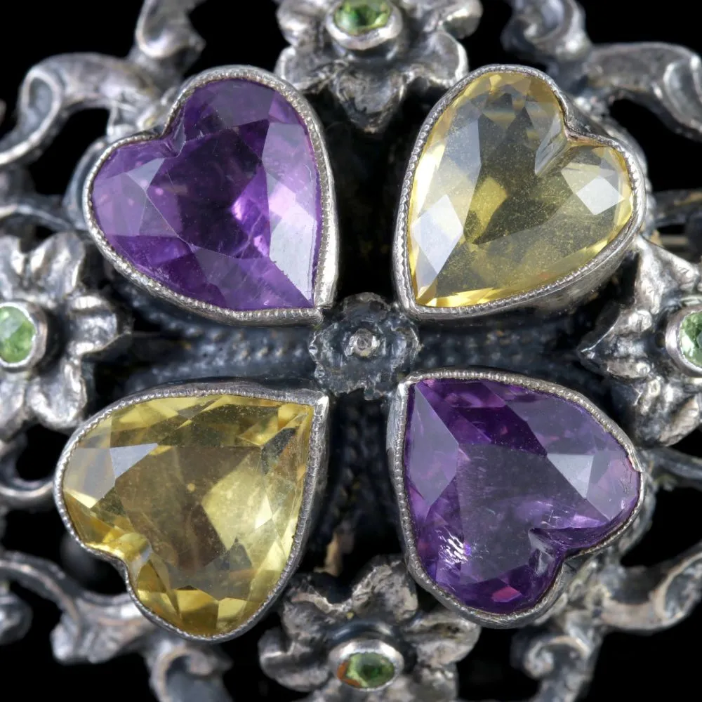 Antique Victorian Silver Amethyst Citrine Heart Brooch Circa 1900