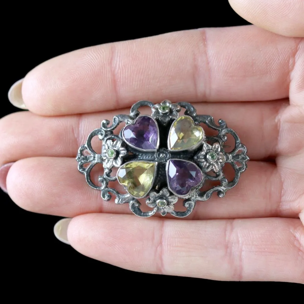 Antique Victorian Silver Amethyst Citrine Heart Brooch Circa 1900