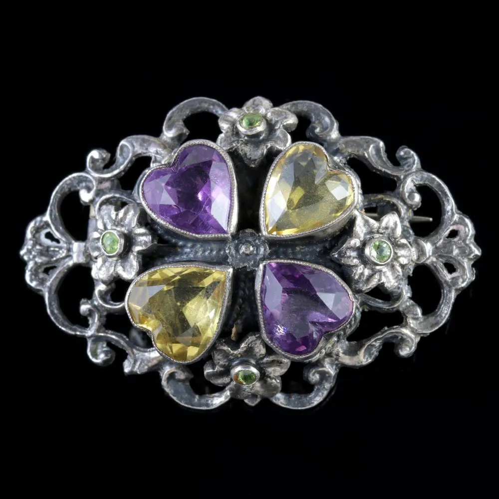 Antique Victorian Silver Amethyst Citrine Heart Brooch Circa 1900