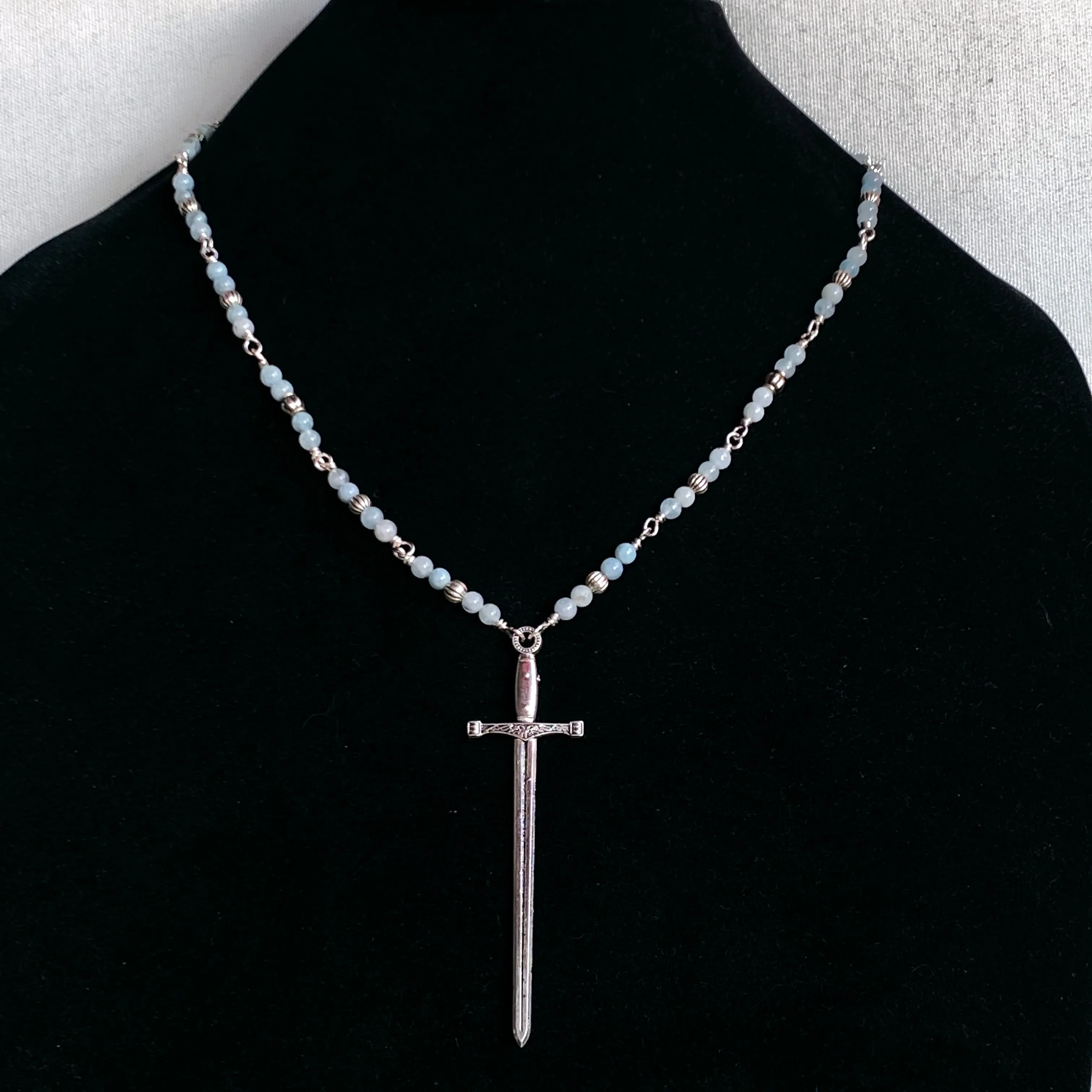 Aquamarine bead and Chain with sword pendant necklace