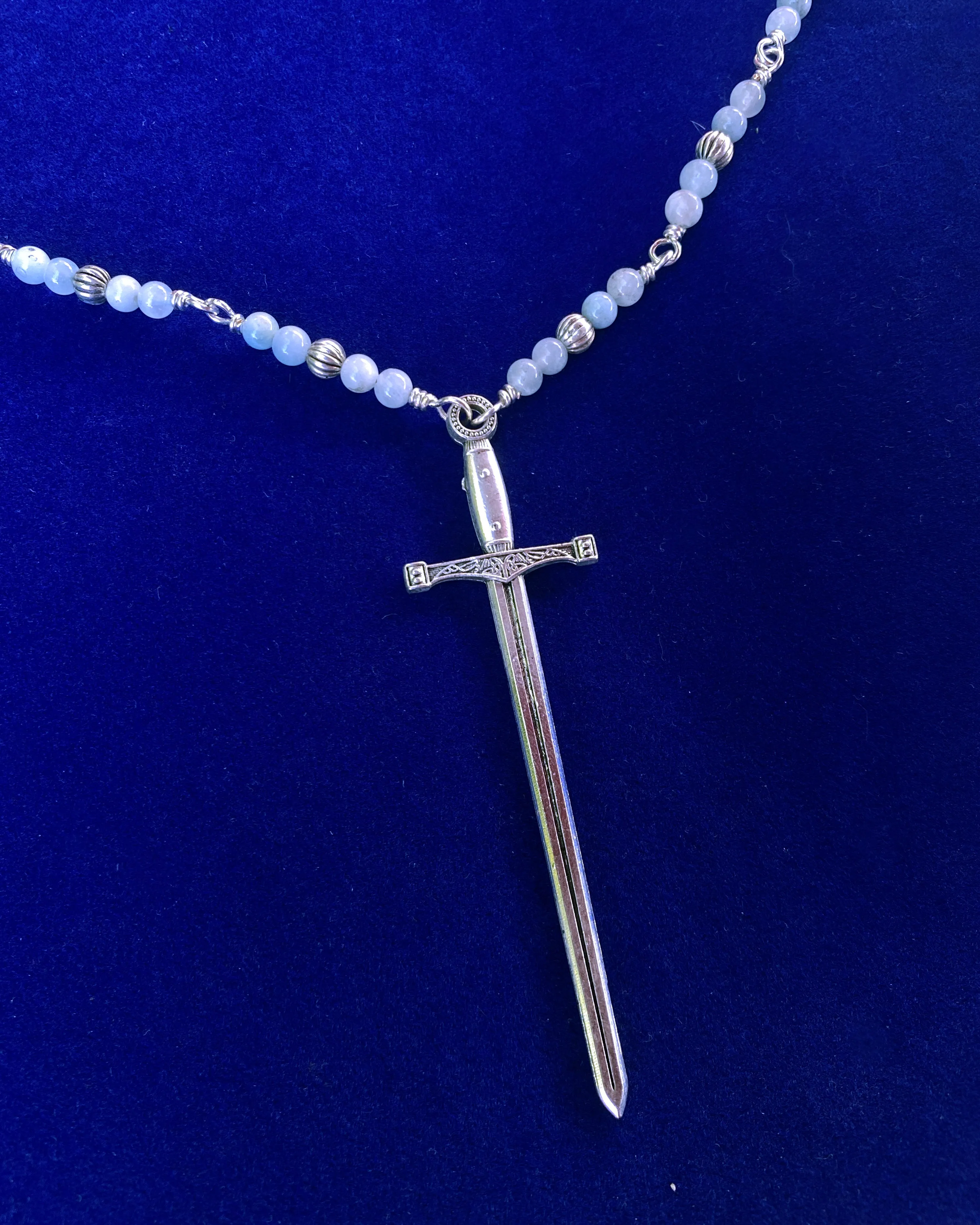 Aquamarine bead and Chain with sword pendant necklace