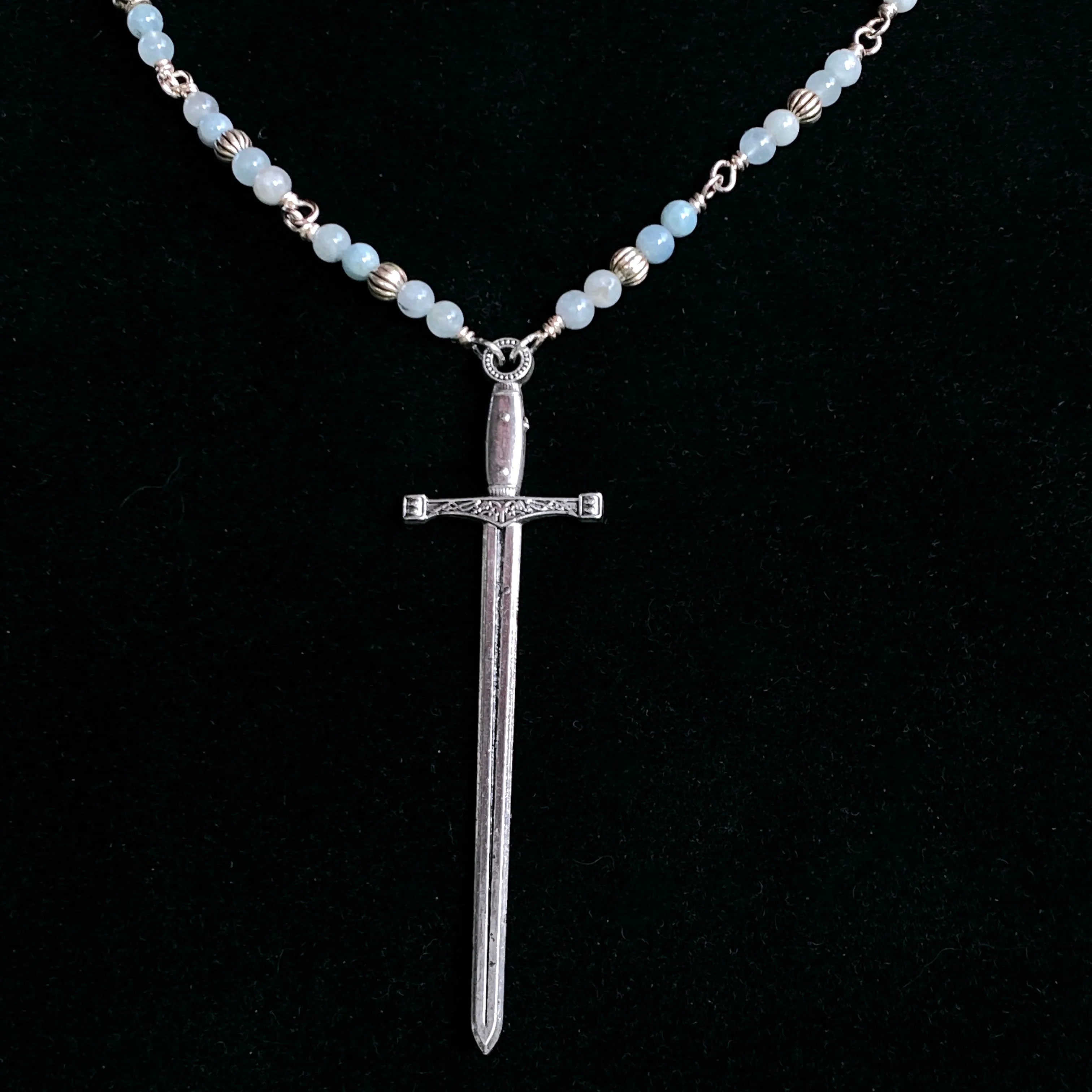 Aquamarine bead and Chain with sword pendant necklace