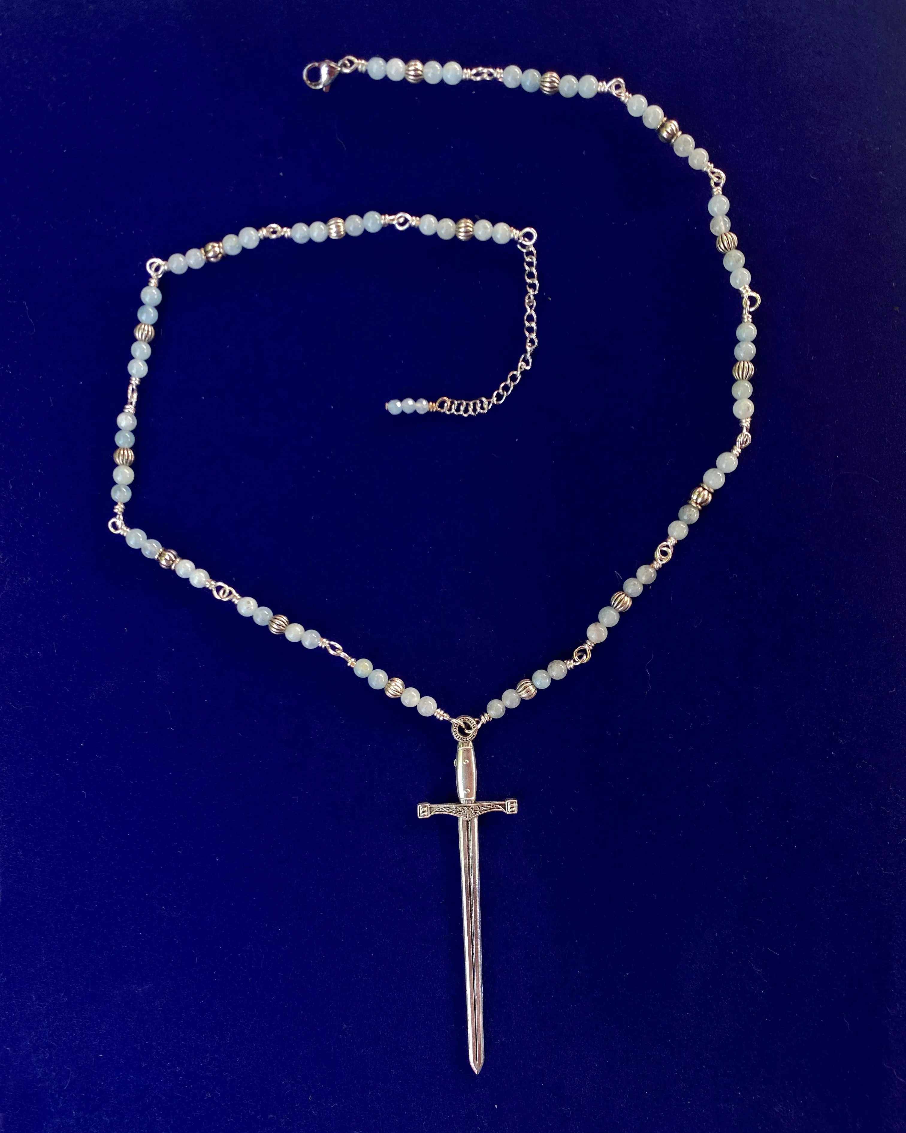 Aquamarine bead and Chain with sword pendant necklace