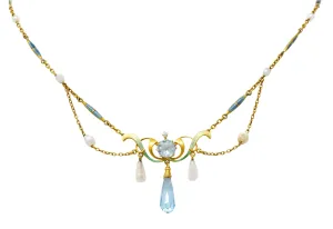 Art Nouveau Aquamarine Enamel Natural Pearl 14 Karat Gold Swag Necklace