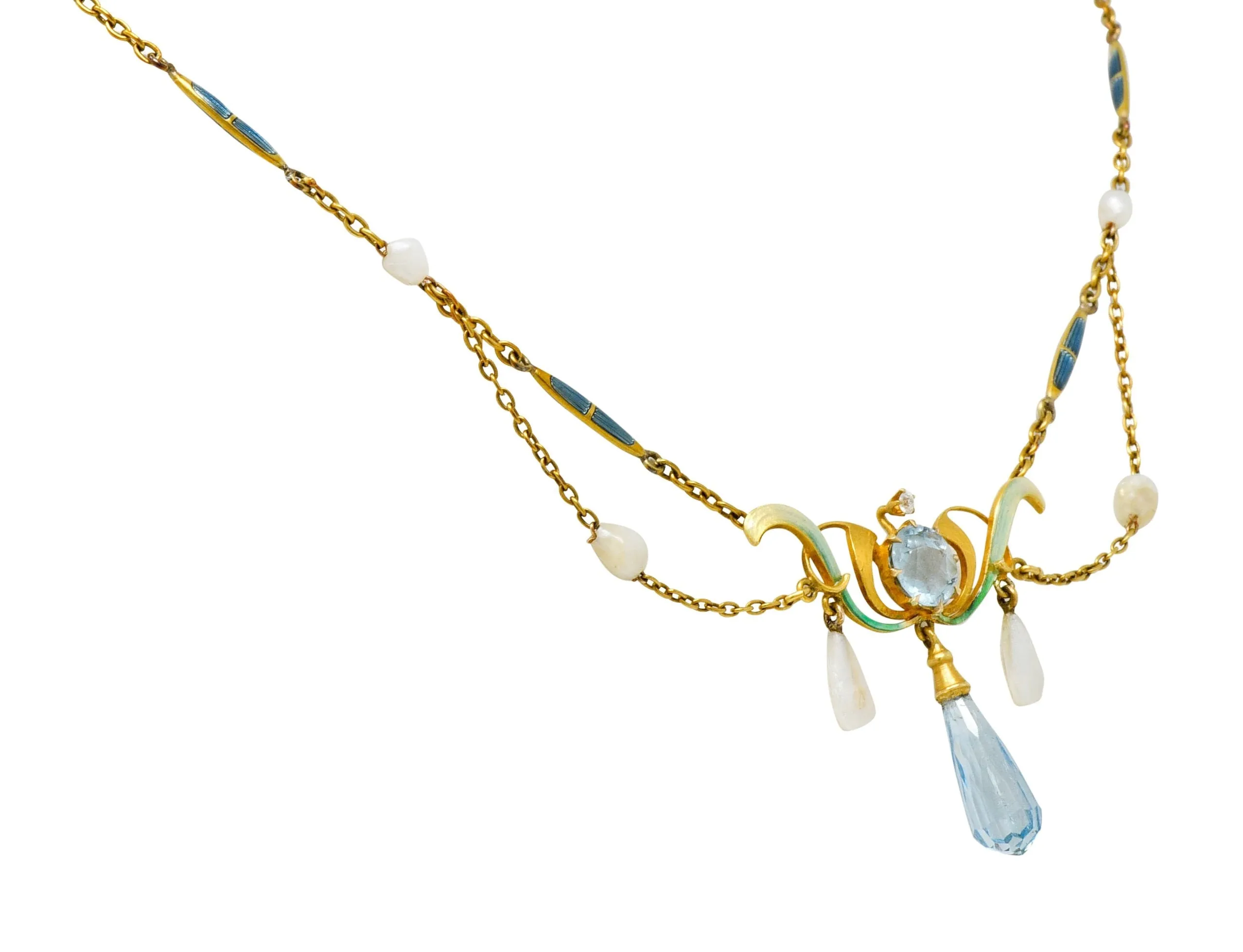 Art Nouveau Aquamarine Enamel Natural Pearl 14 Karat Gold Swag Necklace