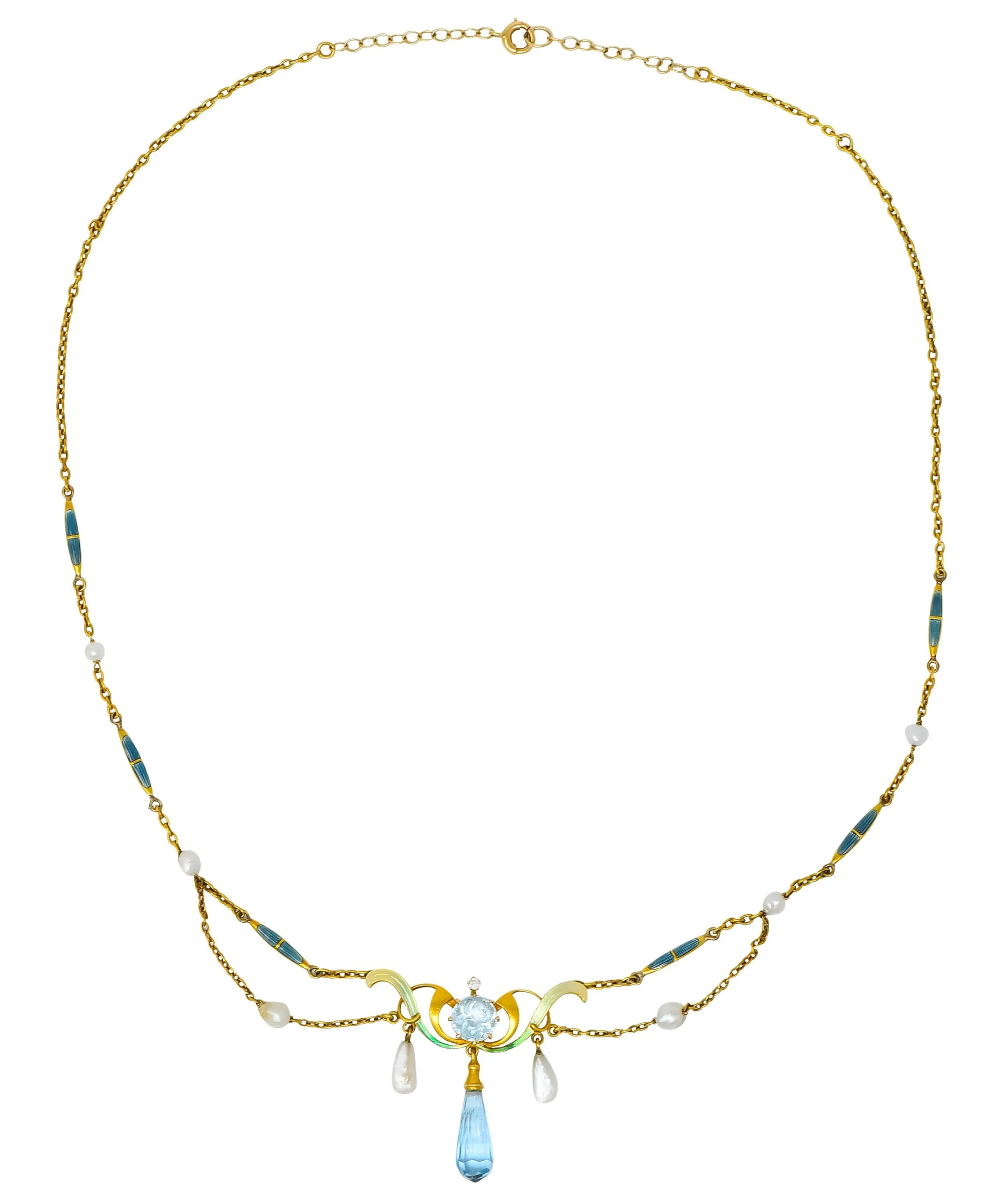 Art Nouveau Aquamarine Enamel Natural Pearl 14 Karat Gold Swag Necklace