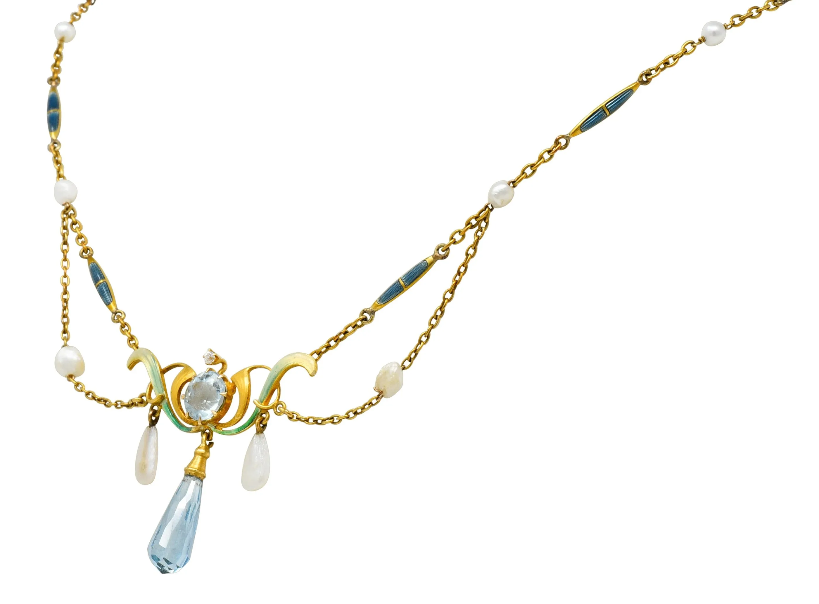 Art Nouveau Aquamarine Enamel Natural Pearl 14 Karat Gold Swag Necklace