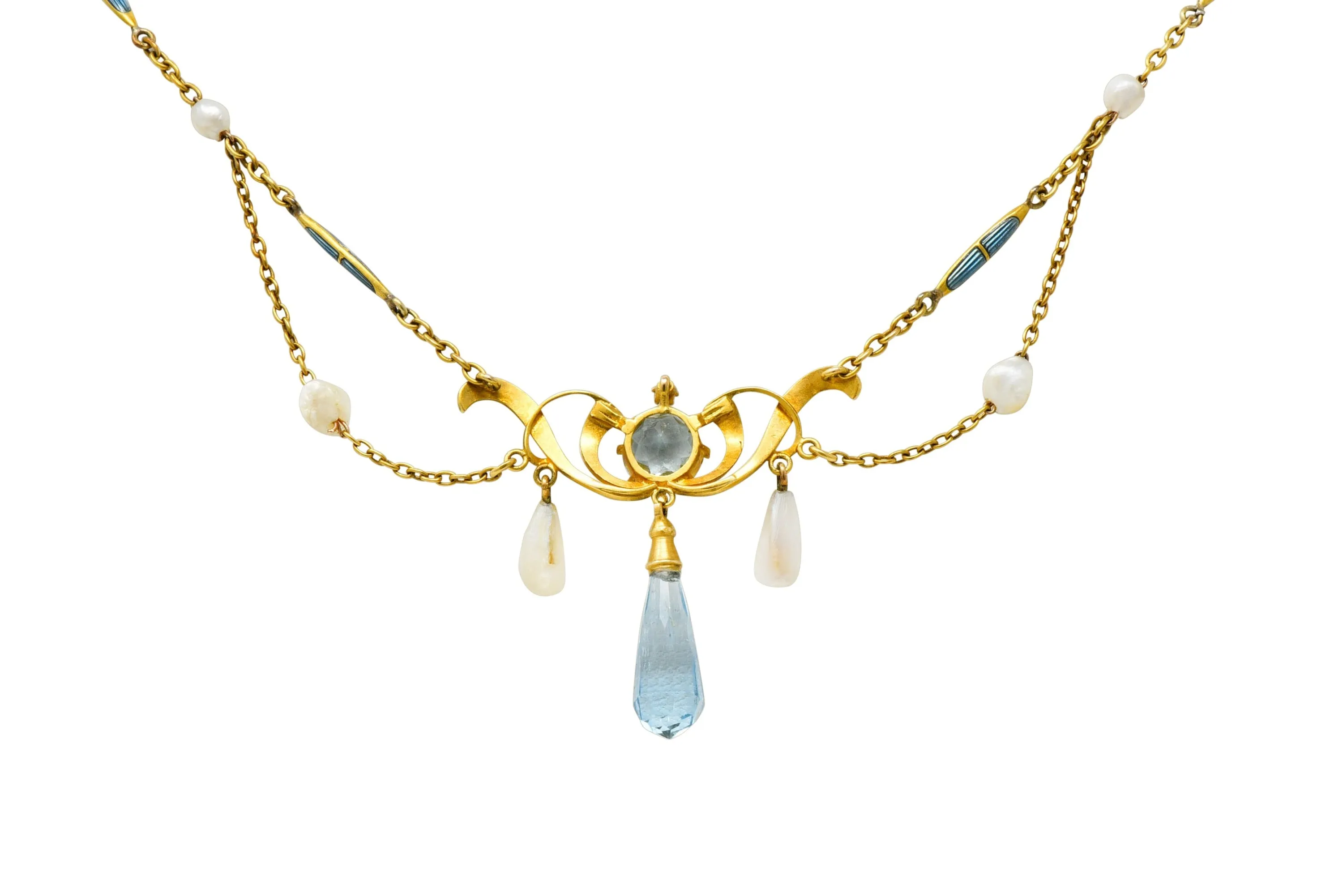 Art Nouveau Aquamarine Enamel Natural Pearl 14 Karat Gold Swag Necklace