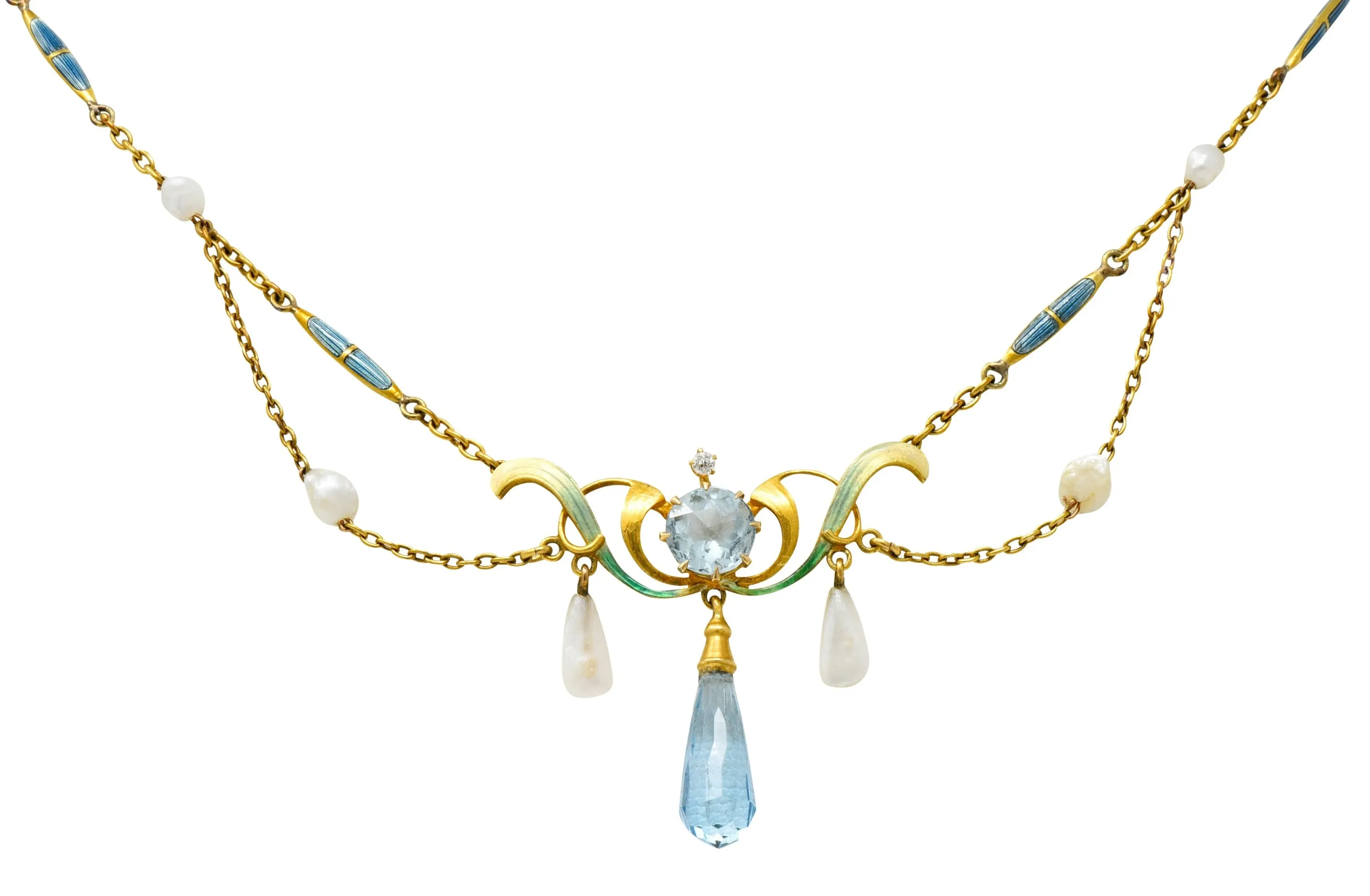 Art Nouveau Aquamarine Enamel Natural Pearl 14 Karat Gold Swag Necklace