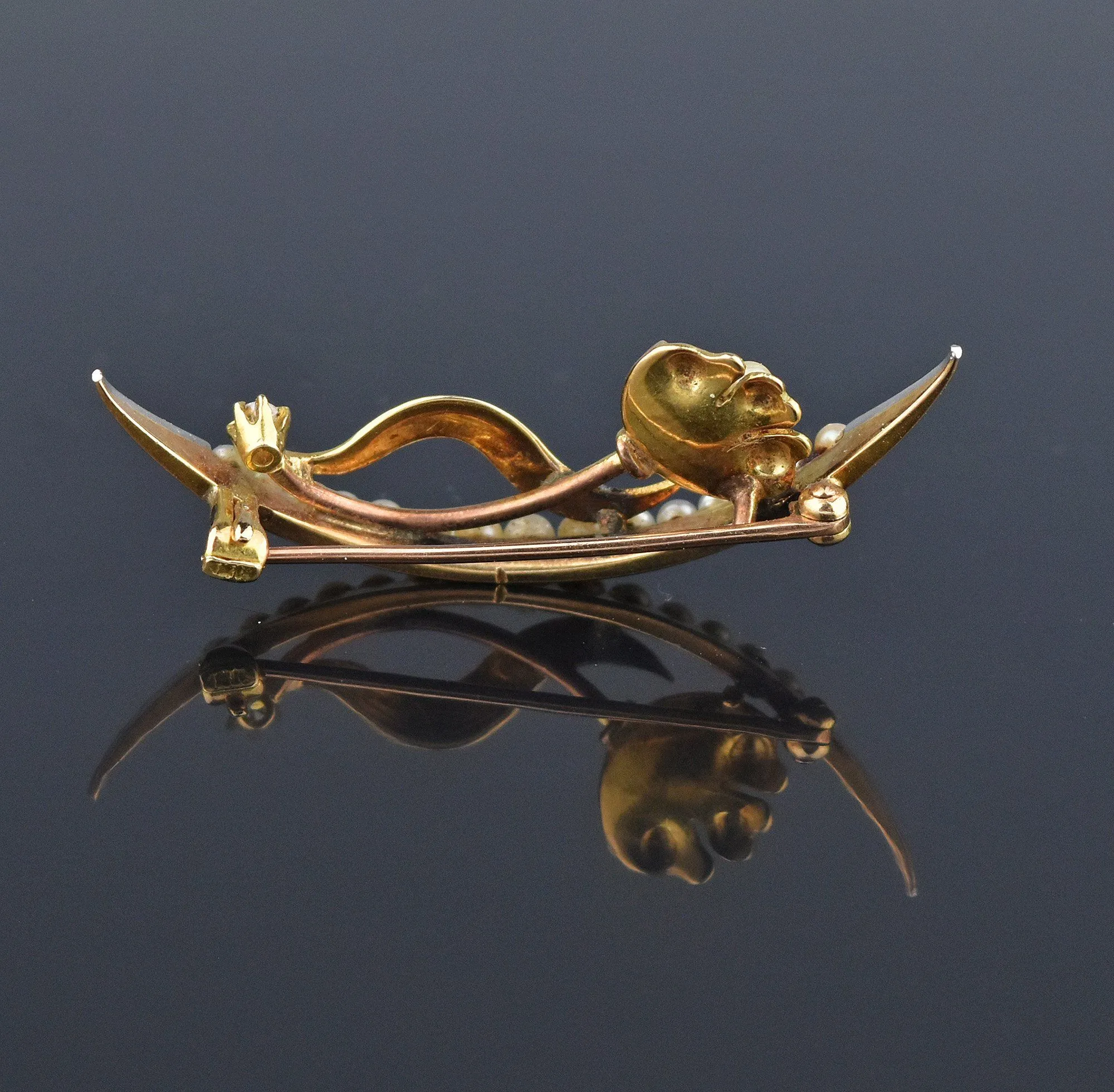 Art Nouveau Diamond Enamel Pearl Crescent Moon Brooch